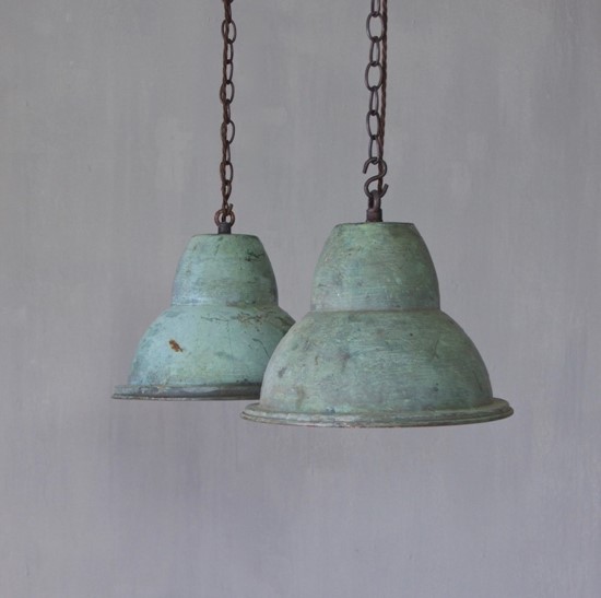 A pair of verdigris copper pendant lights 2